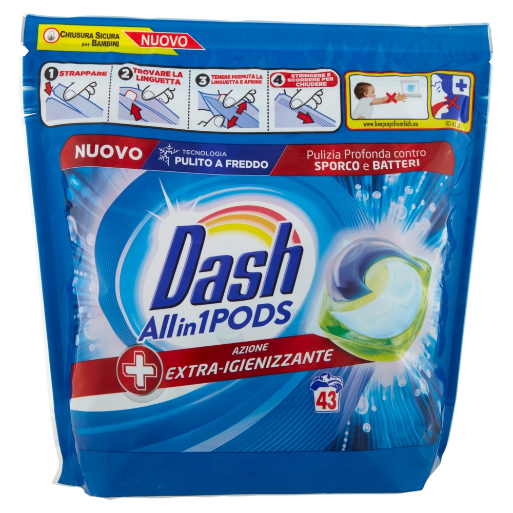 Dash PODS Allin1 Detersivo Lavatrice Capsule Bucato + Azione Extra-Igienizzante 43 Lavaggi 1169,6 g